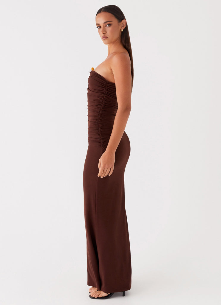 Womens Rudy Maxi Dress in the colour Brown in front of a light grey background