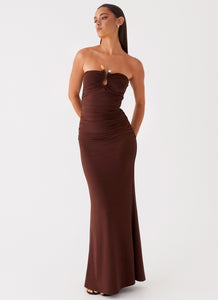 Womens Rudy Maxi Dress in the colour Brown in front of a light grey background