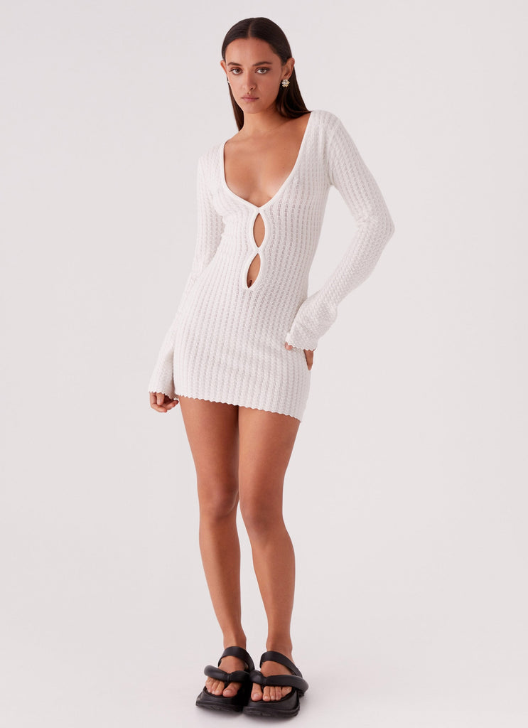 Womens Lavelle Knit Mini Dress in the colour Ivory in front of a light grey background