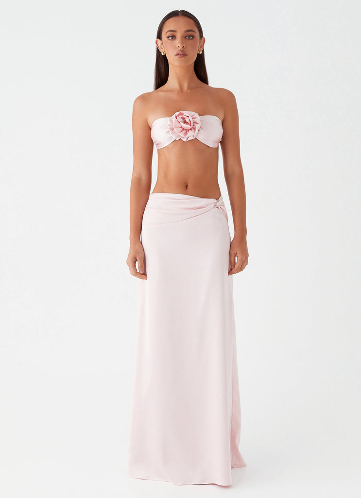 Womens Crescent Light Twist Maxi Skirt in the colour Pink in front of a light grey background