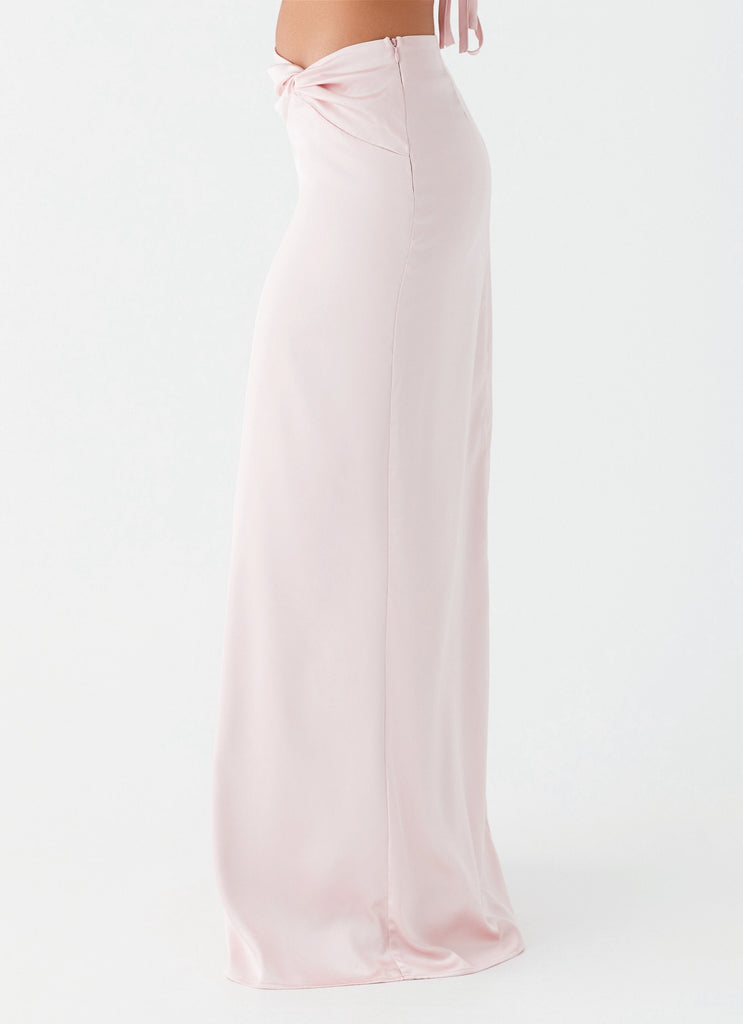 Womens Crescent Light Twist Maxi Skirt in the colour Pink in front of a light grey background