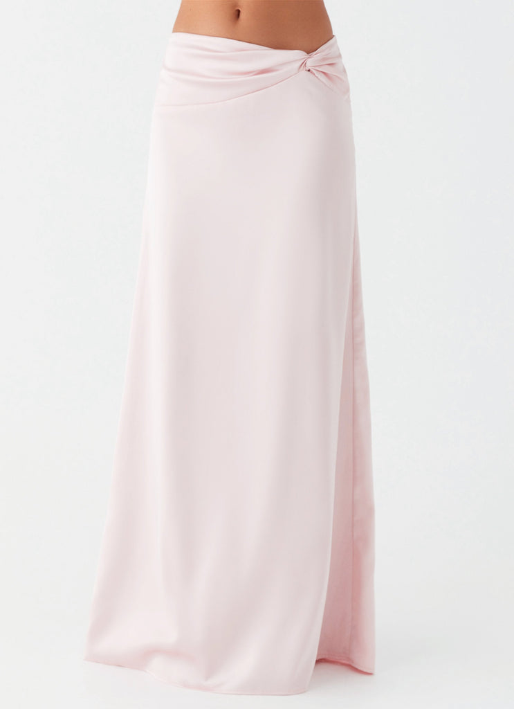 Womens Crescent Light Twist Maxi Skirt in the colour Pink in front of a light grey background