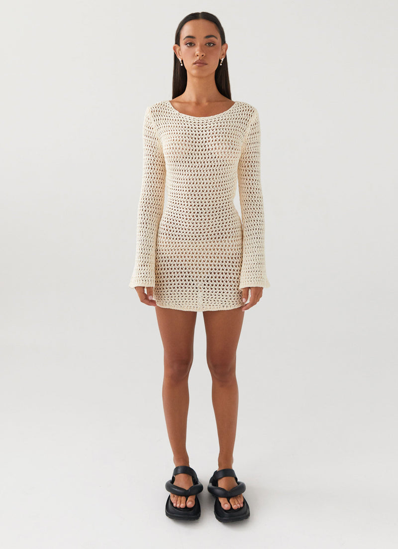 Womens Down For The Ride Crochet Mini Dress in the colour Ivory in front of a light grey background
