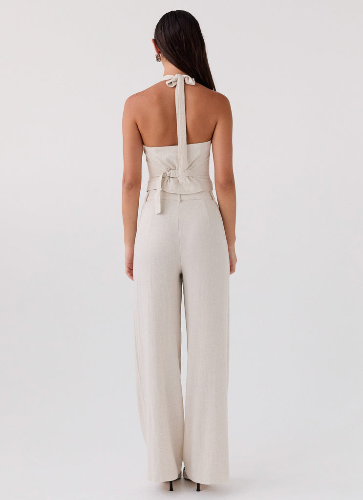 Womens Heatwave Linen Pants in the colour Oatmeal in front of a light grey background