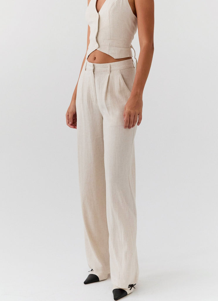 Womens Heatwave Linen Pants in the colour Oatmeal in front of a light grey background