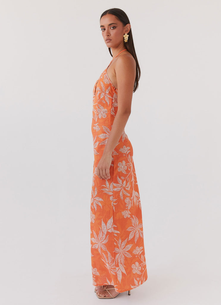 Womens Keliegh Linen Maxi Dress in the colour Tropic Sunset in front of a light grey background