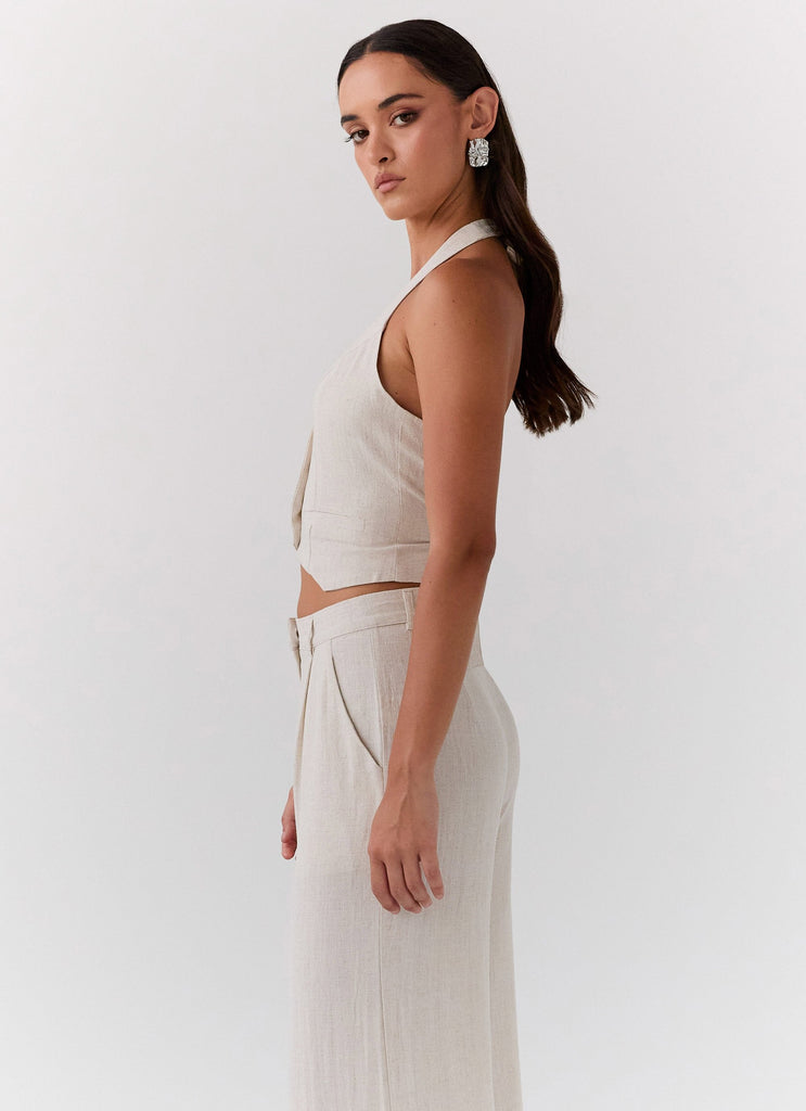 Womens Ambrosa Halterneck Linen Vest in the colour Oatmeal in front of a light grey background