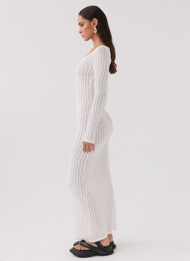 Womens Crystal Cascade Knit Maxi Dress in the colour White in front of a light grey background