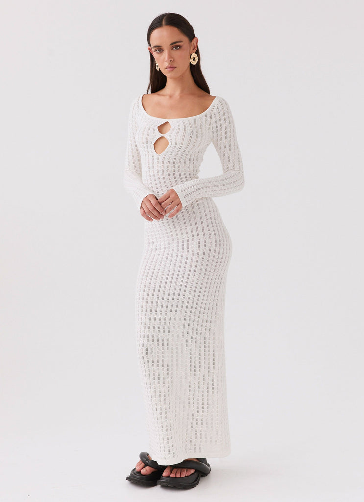 Womens Crystal Cascade Knit Maxi Dress in the colour White in front of a light grey background