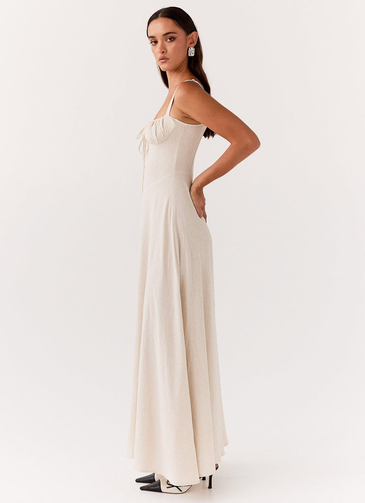 Womens Mimi Linen Maxi Dress in the colour Oatmeal in front of a light grey background