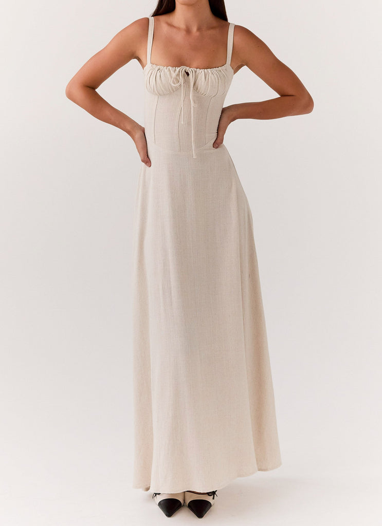 Womens Mimi Linen Maxi Dress in the colour Oatmeal in front of a light grey background