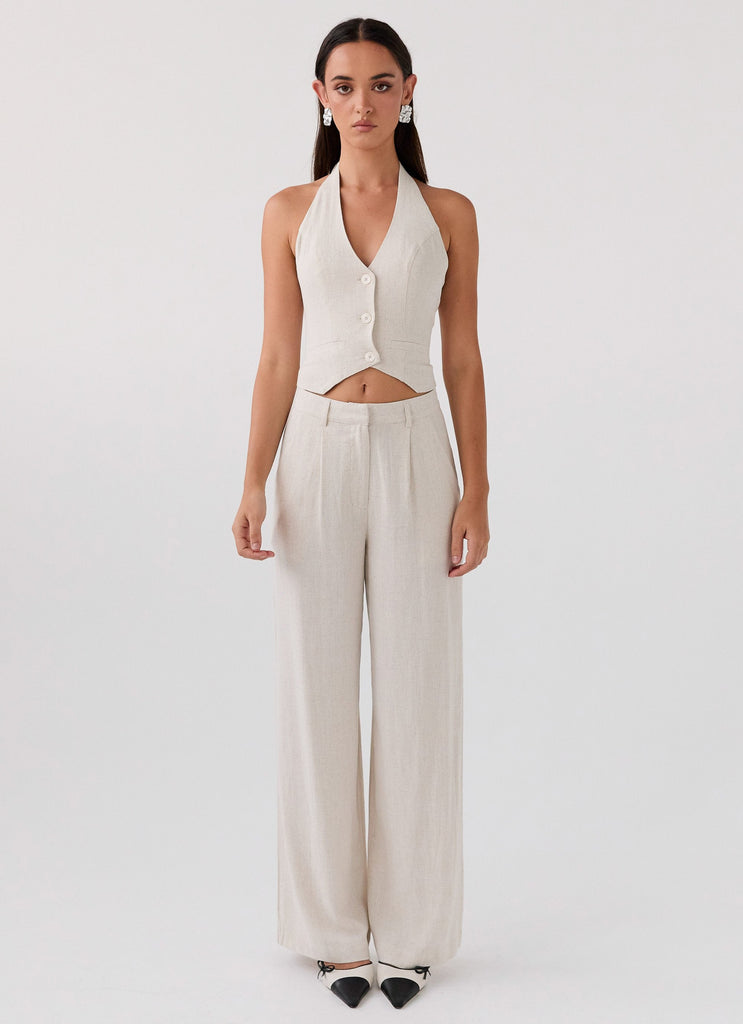 Womens Heatwave Linen Pants in the colour Oatmeal in front of a light grey background