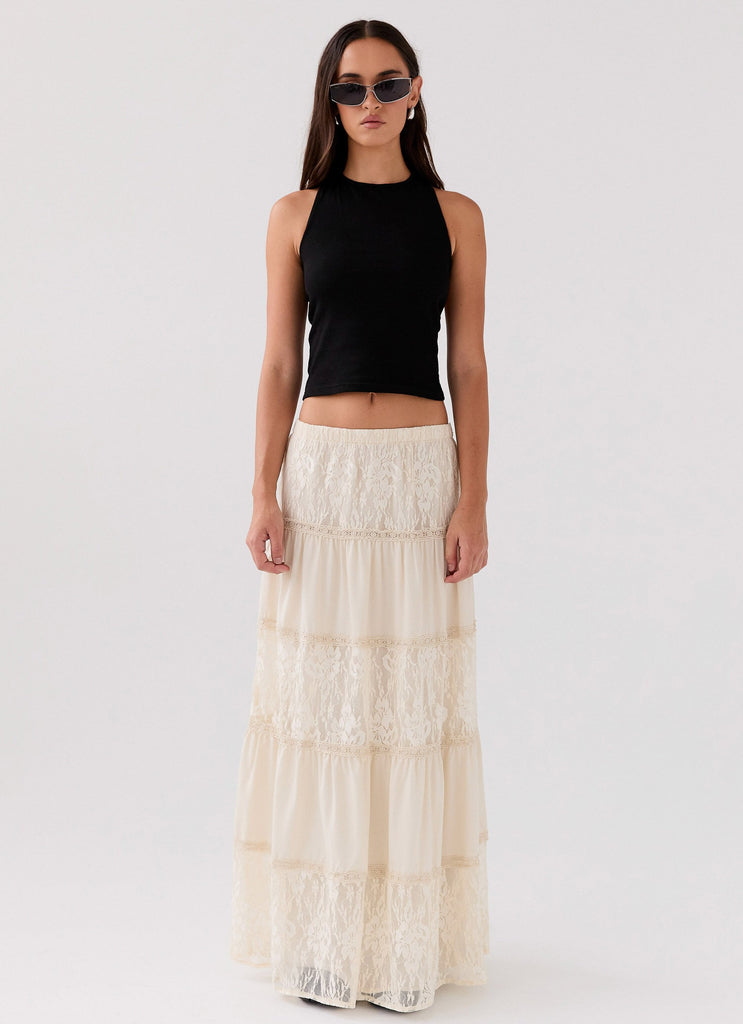 Womens Loretta Maxi Skirt in the colour Ivory in front of a light grey background