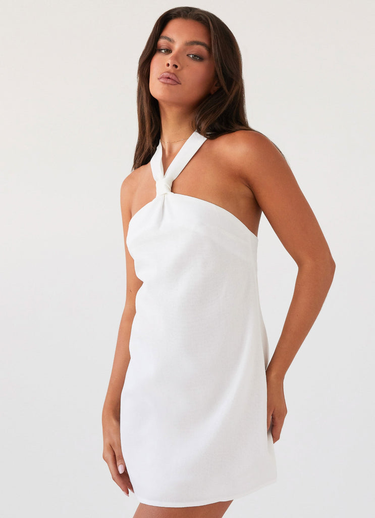 Womens Keira Linen Mini Dress in the colour White in front of a light grey background