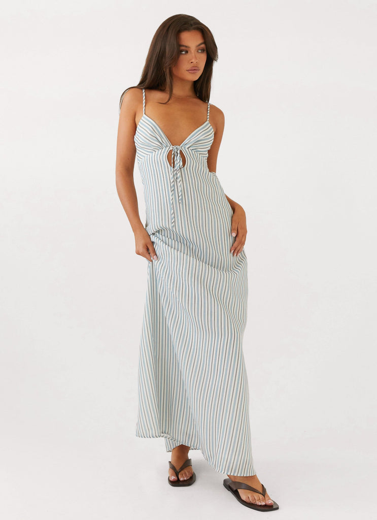 Womens Flora Linen Maxi Dress in the colour Blue Choc Stripe in front of a light grey background