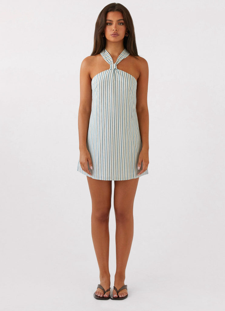 Womens Keira Linen Mini Dress in the colour Blue Choc Stripe in front of a light grey background