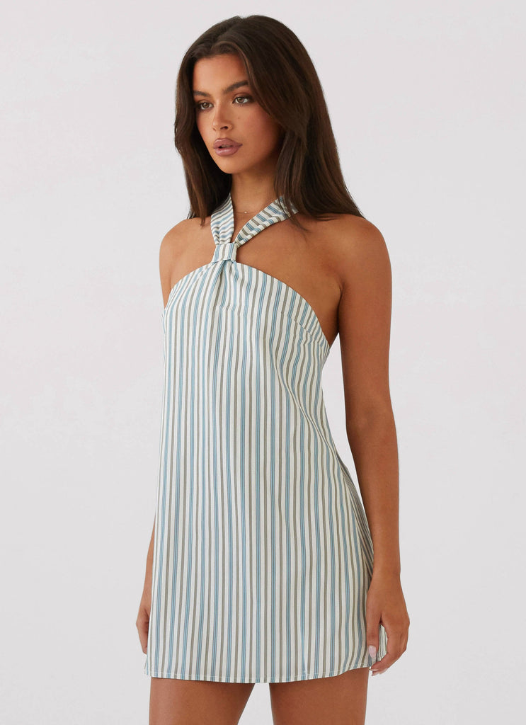 Womens Keira Linen Mini Dress in the colour Blue Choc Stripe in front of a light grey background