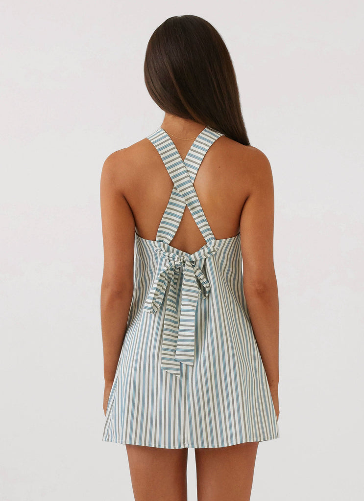 Womens Keira Linen Mini Dress in the colour Blue Choc Stripe in front of a light grey background