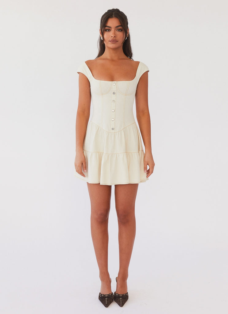 Womens Isabella Denim Bustier Dress in the colour Antique in front of a light grey background