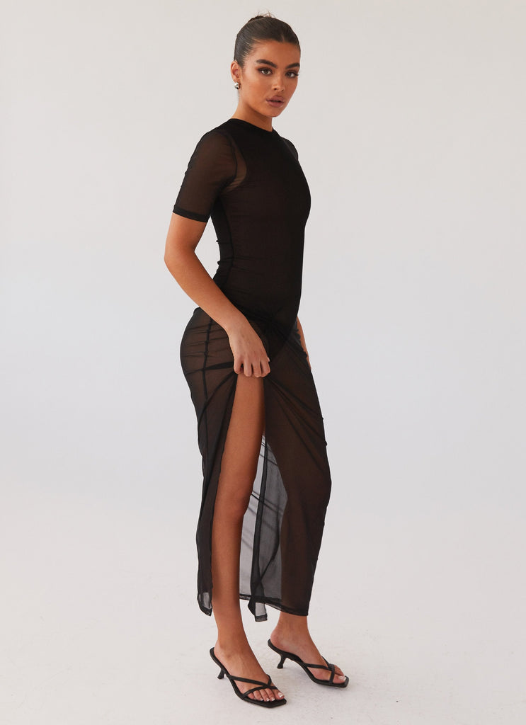 Womens Fever Dreamer Mesh Maxi Dress in the colour Black in front of a light grey background