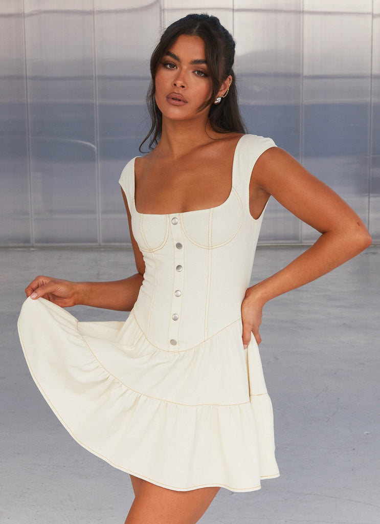 Womens Isabella Denim Bustier Dress in the colour Antique in front of a light grey background