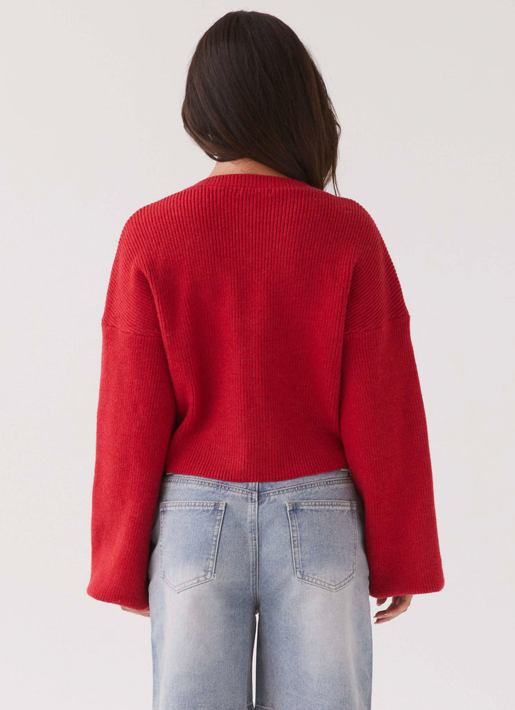 Womens Daphne Knit Cardigan in the colour Cherry in front of a light grey background