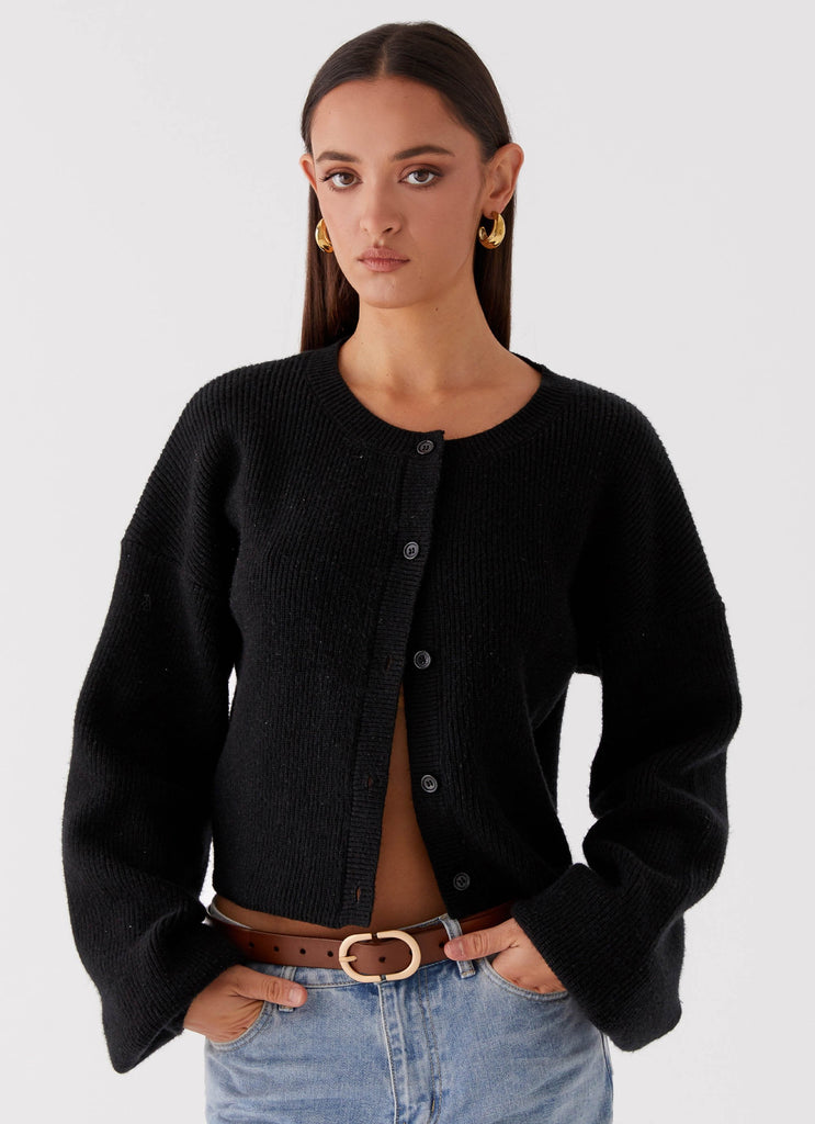 Womens Daphne Knit Cardigan in the colour Black in front of a light grey background