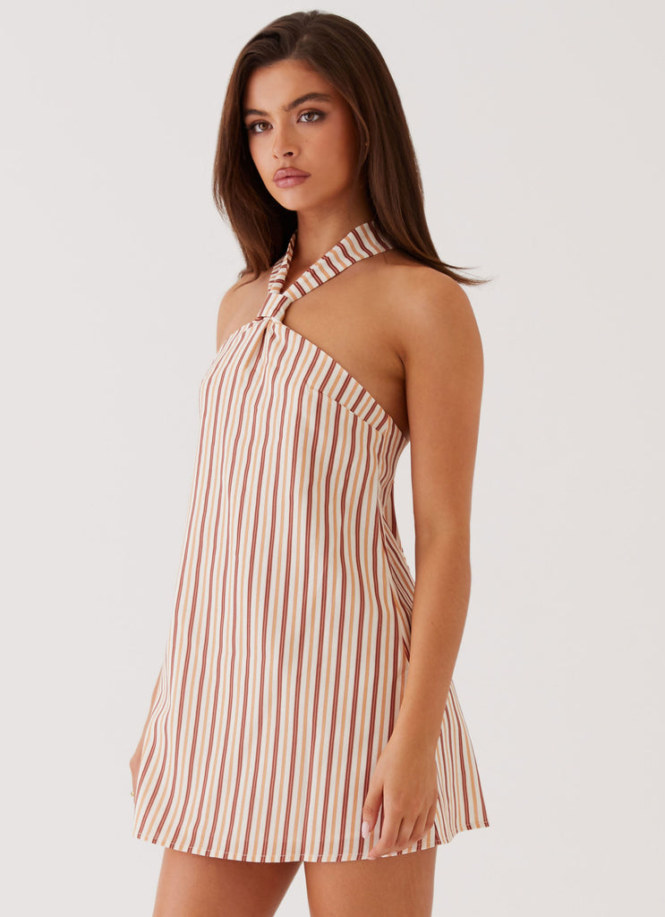 Womens Keira Linen Mini Dress in the colour Passionfruit Stripe in front of a light grey background