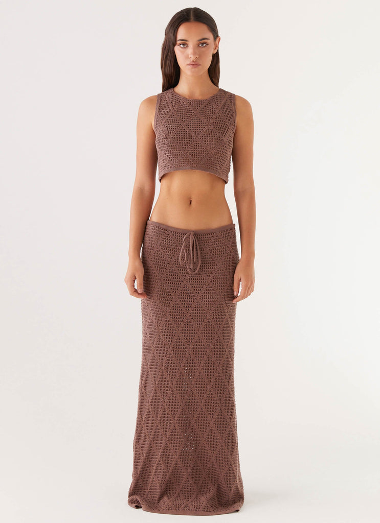 Womens Santonio Crochet Maxi Skirt in the colour Chocolate in front of a light grey background