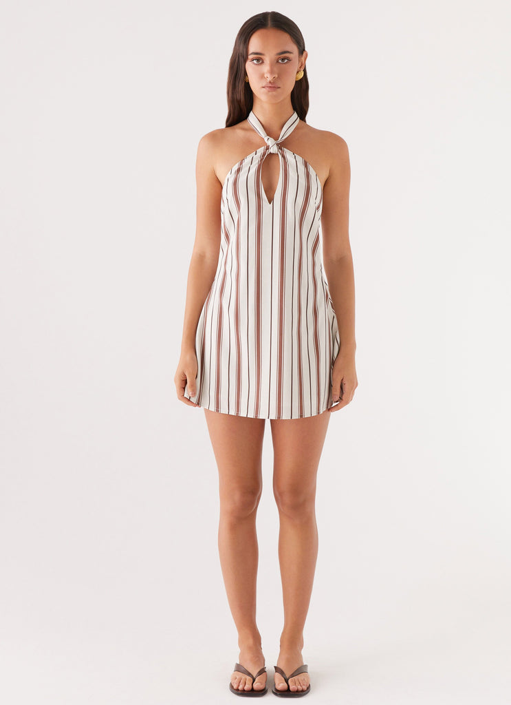 Counting Stars Linen Halterneck Dress - Brown Stripe