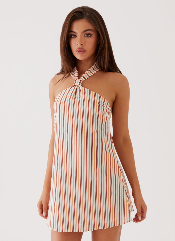 Womens Keira Linen Mini Dress in the colour Passionfruit Stripe in front of a light grey background