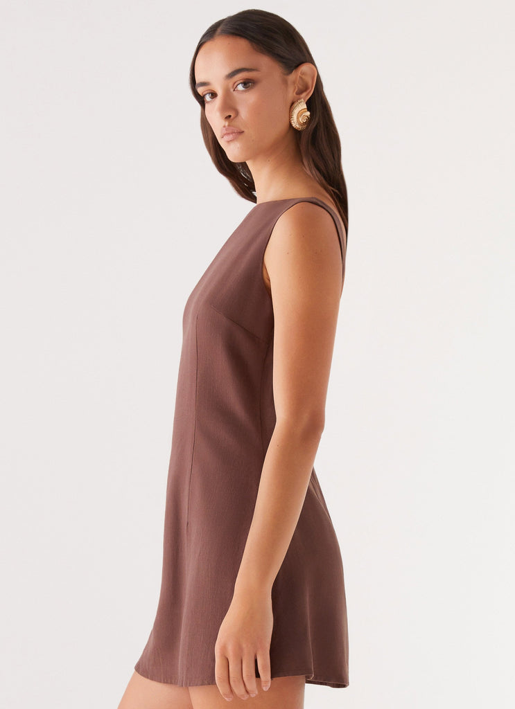 Womens Drunk In Love Linen Mini Dress in the colour Chocolate in front of a light grey background