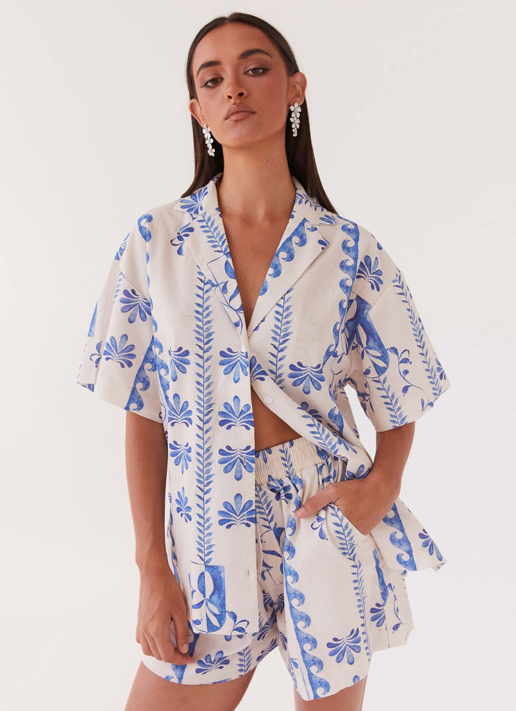 Sweet Relief Linen Oversized Shirt - Floral Wave