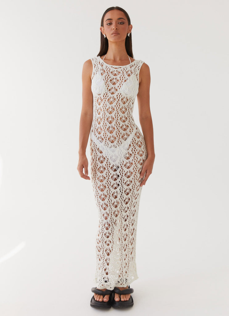 Womens Tarlisa Crochet Maxi Dress in the colour Cream in front of a light grey background