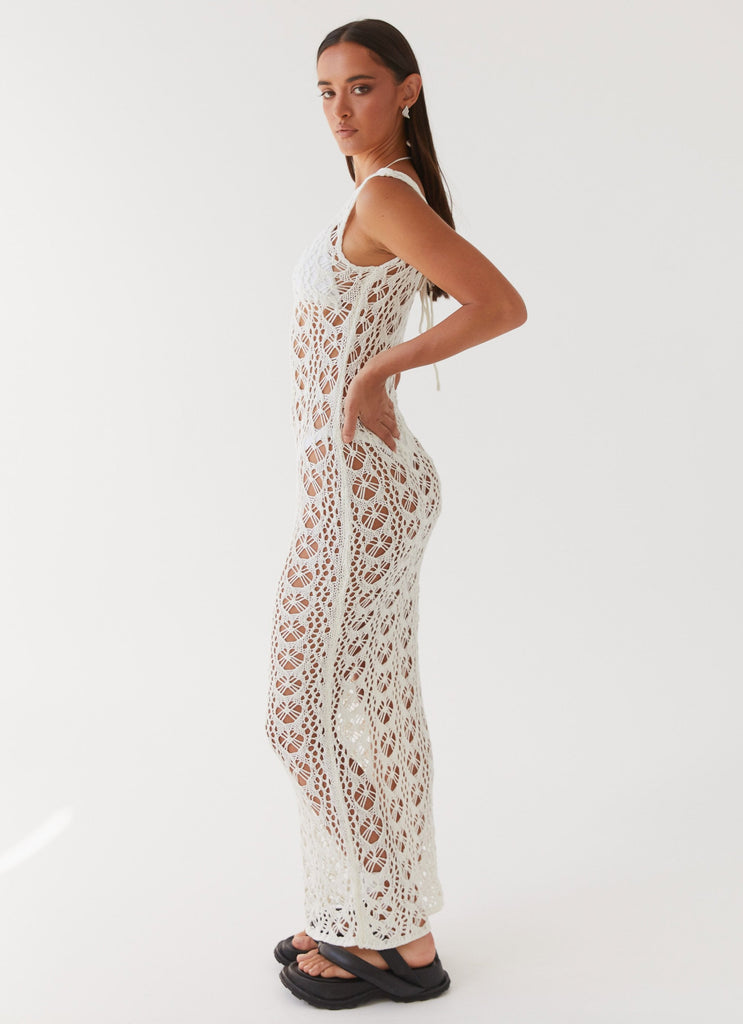 Womens Tarlisa Crochet Maxi Dress in the colour Cream in front of a light grey background