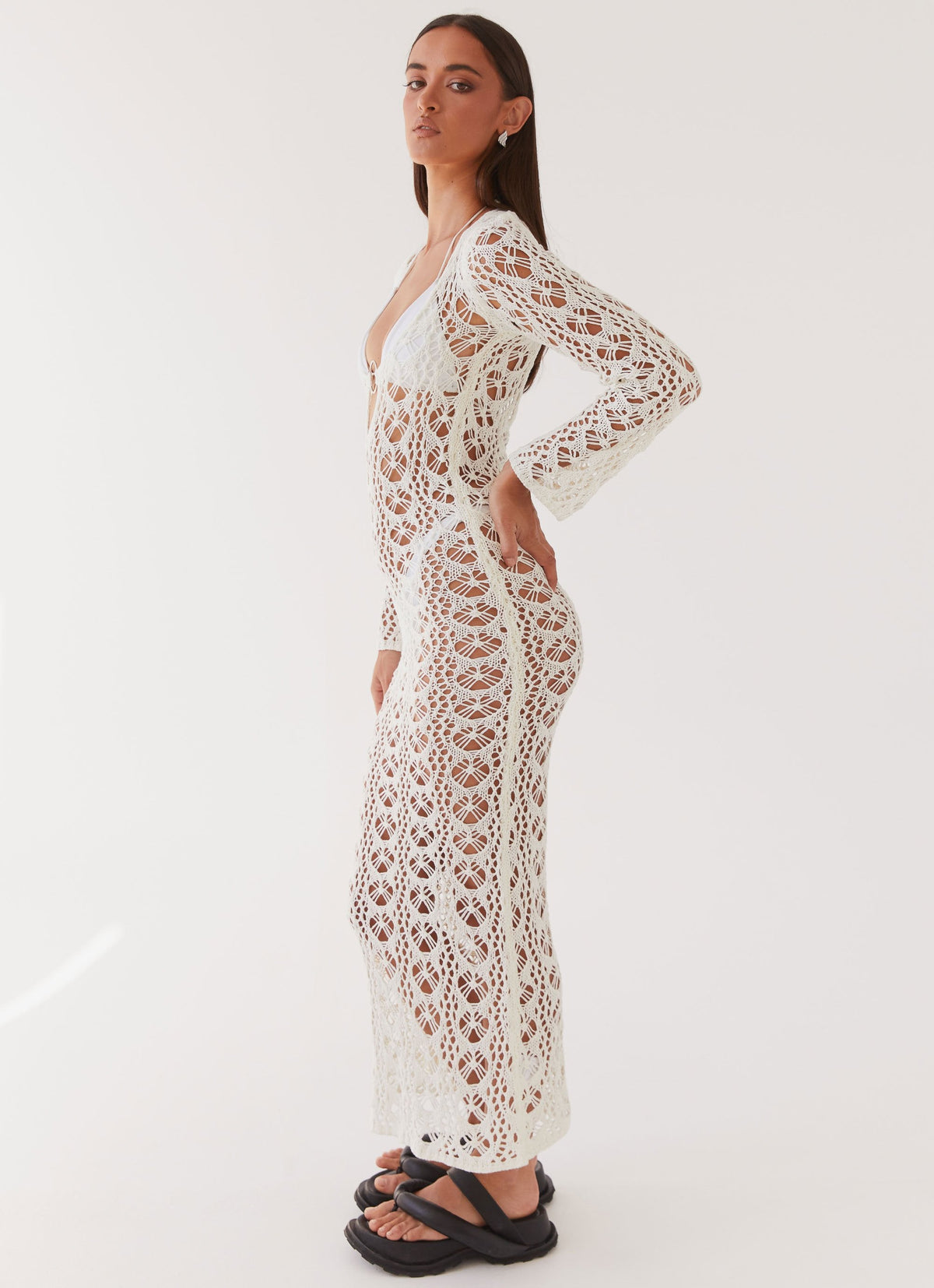 Womens Beach To Bar Crochet Maxi Dress in the colour Cream in front of a light grey background