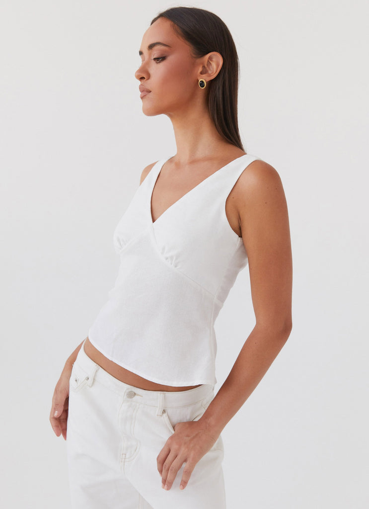 Womens Nori Linen Top in the colour White in front of a light grey background