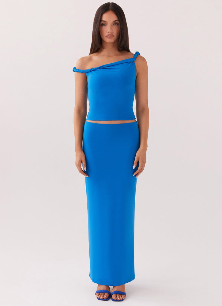 Womens Solace Soul Maxi Skirt in the colour Cobalt in front of a light grey background