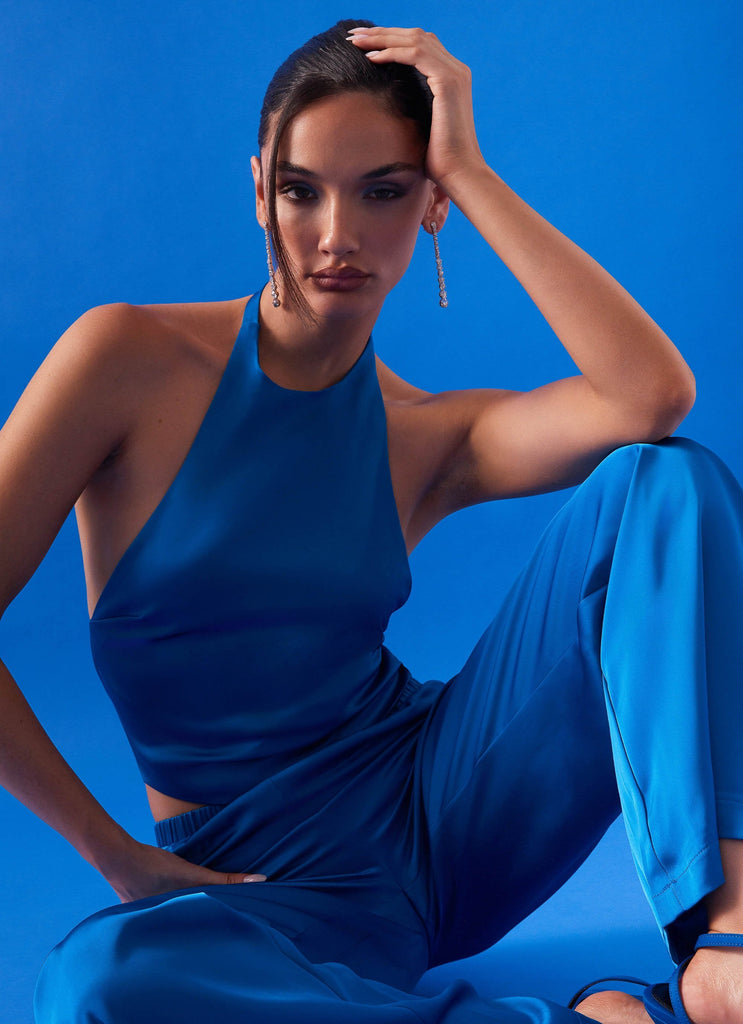 Womens Bree Satin Halterneck Top in the colour Cobalt in front of a light grey background