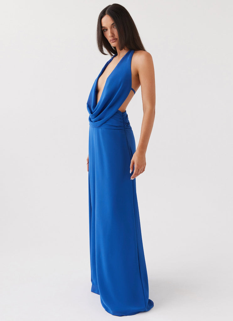 Womens Elysia Chiffon Maxi Dress in the colour Cobalt in front of a light grey background