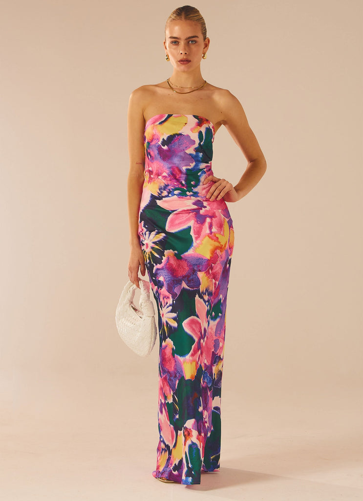 Womens Carried Away Maxi Dress in the colour Candy Bouquet in front of a light grey background