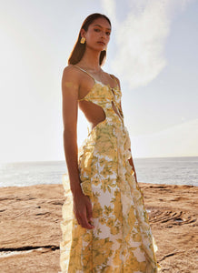 Womens Sunset Kisses Ruffle Maxi Dress in the colour Daffodil in front of a light grey background