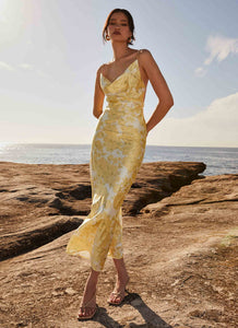 Womens Coastal Escape Satin Maxi Dress in the colour Daffodil in front of a light grey background