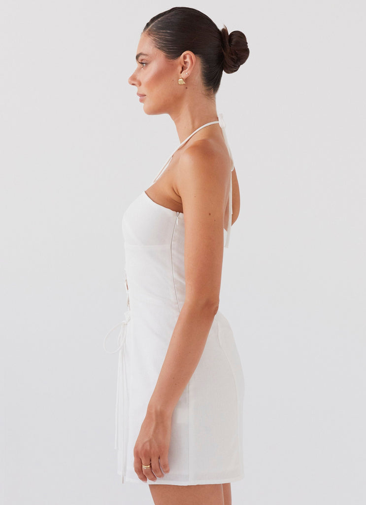 Womens Island Echoes Linen Mini Dress in the colour White in front of a light grey background