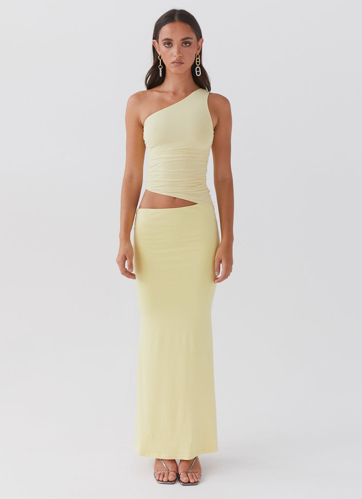 Womens Seranella One Shoulder Maxi Dress in the colour Lemon in front of a light grey background