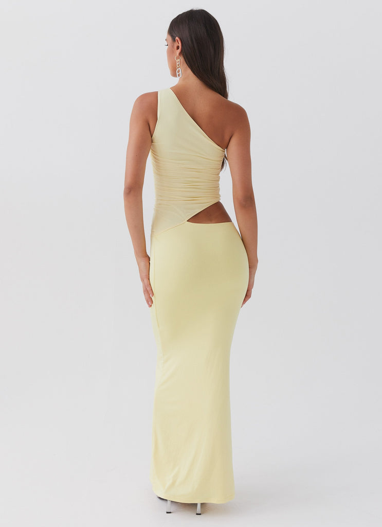 Womens Seranella One Shoulder Maxi Dress in the colour Lemon in front of a light grey background