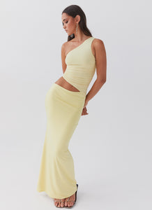 Womens Seranella One Shoulder Maxi Dress in the colour Lemon in front of a light grey background