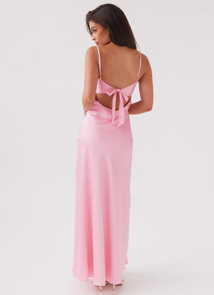 Womens Flora Satin Maxi Dress in the colour Candy in front of a light grey background