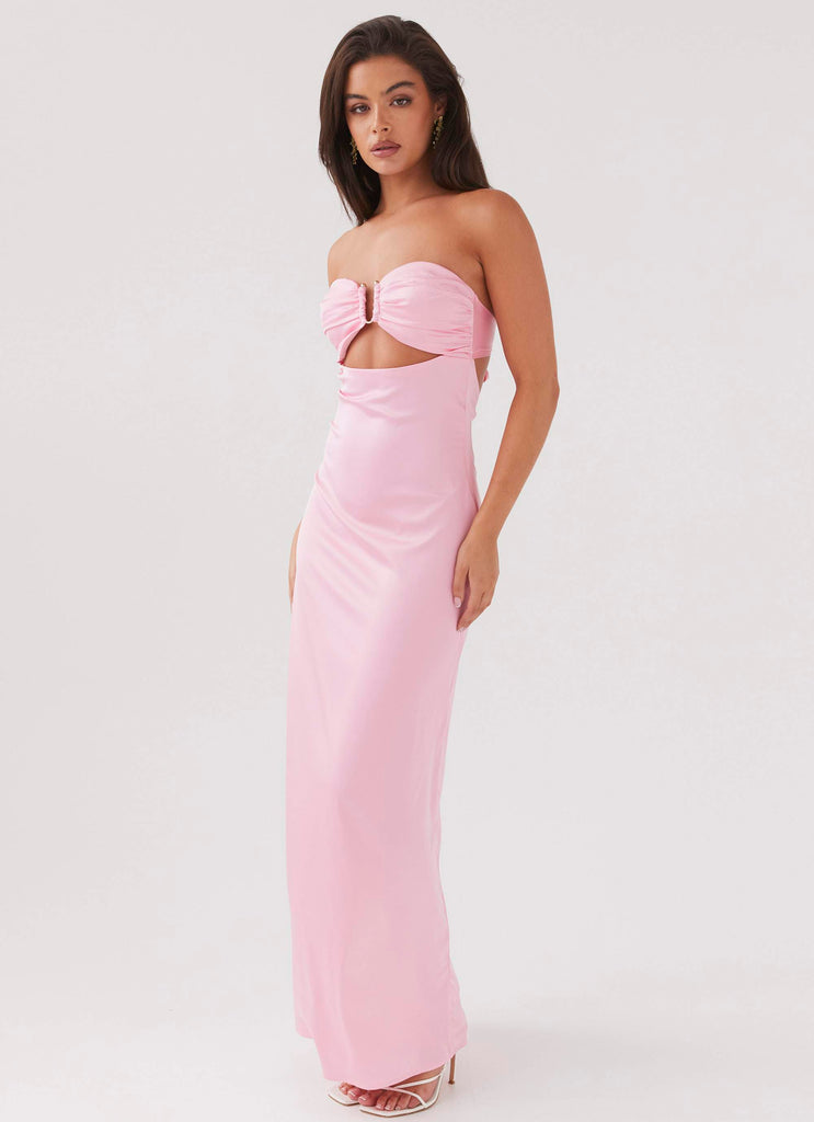 Womens Tropicana Satin Maxi Dress in the colour Candy in front of a light grey background