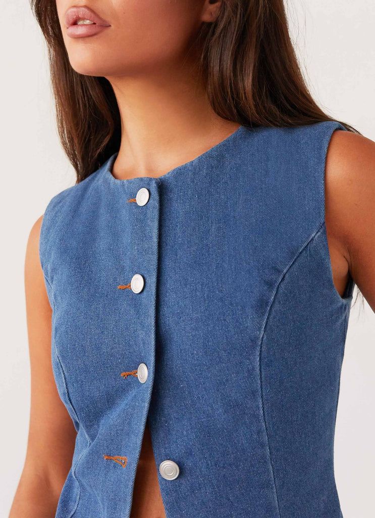 Womens Born For Bordeaux Denim Vest in the colour Indigo in front of a light grey background